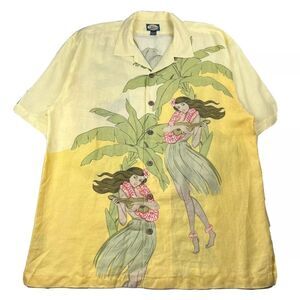Tommy Bahama 100% Linen Hula Girl Hawaiian Shirt L Yellow Tropical Vintage Rare